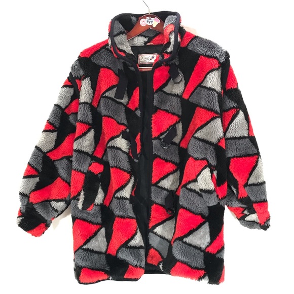 Vintage funky faux fur abstract red grey and black geometric shapes retro jacket - Picture 2 of 8